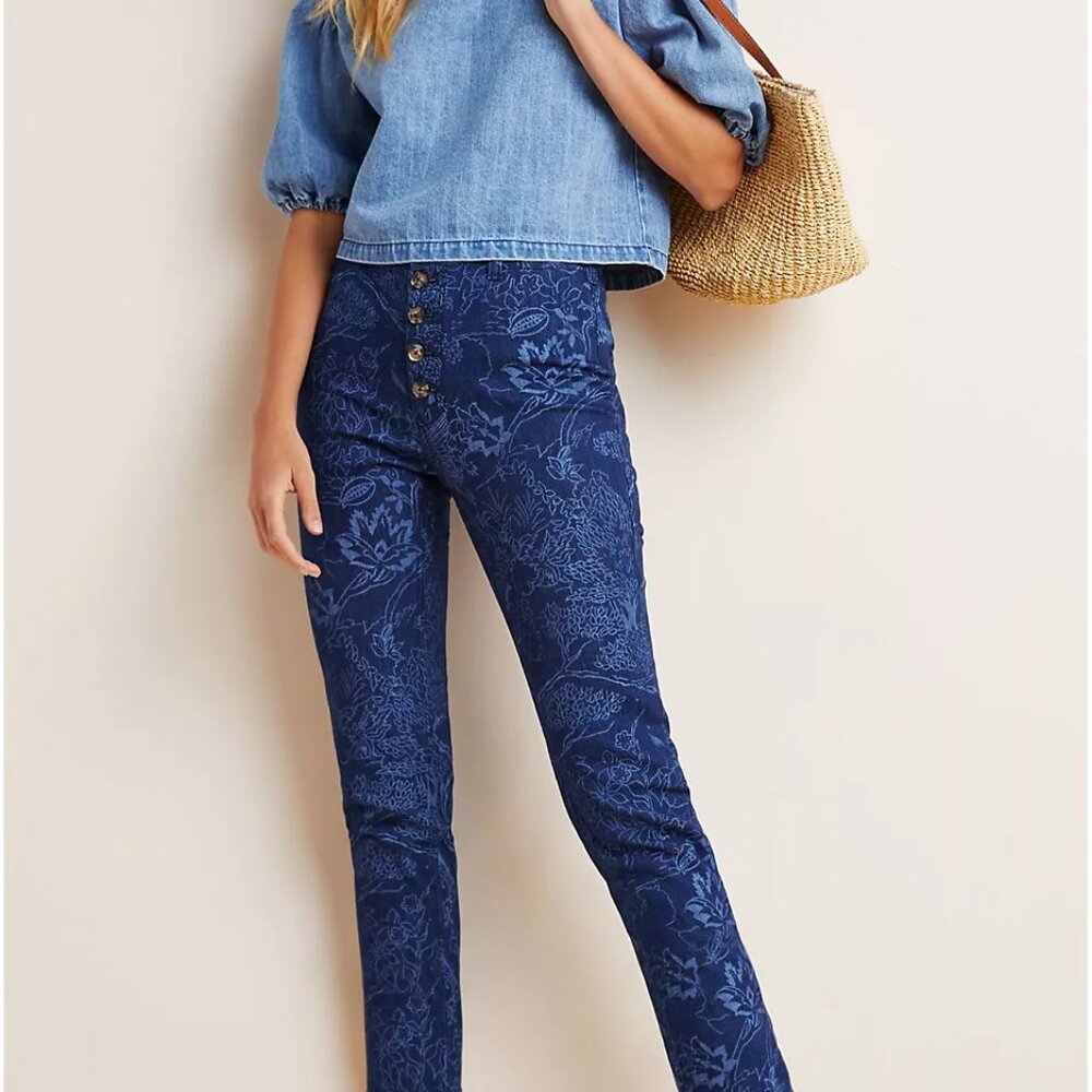 Anthropologie Pilcro Dark Blue Denim Floral Print